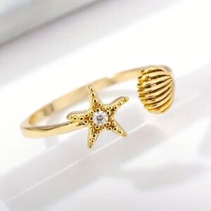 Dainty 18K Gold Plated Stainless Steel Starfish and Shell Design Ring